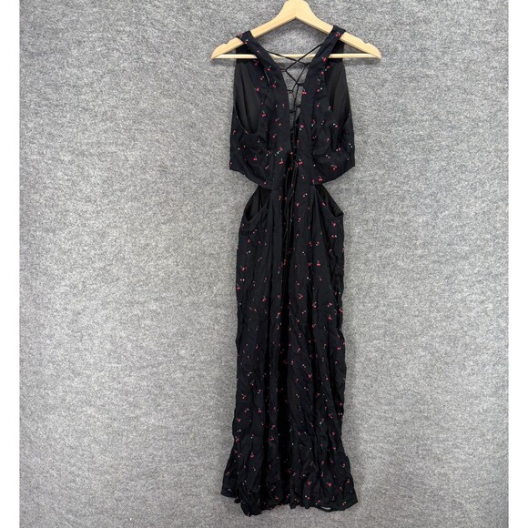 AFRM Dress Women M Medium Black Cherry Print Maxi Long V-Neck Lined Sleeveless - Picture 2 of 8